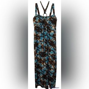 Roz & Ali Sleeveless Tropical Palm Print Maxi Long Summer Dress 14W